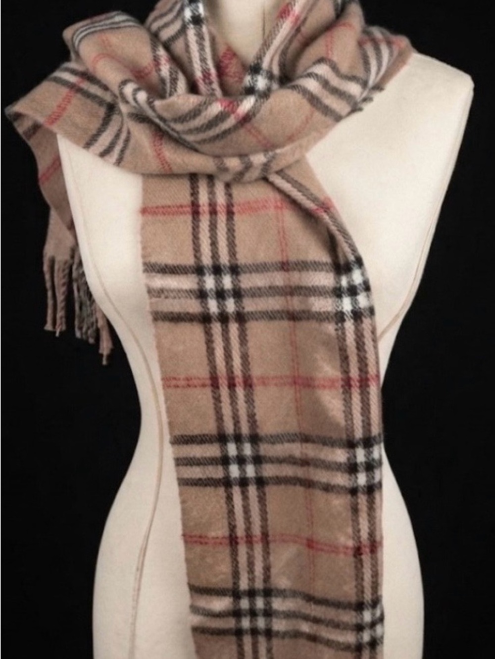 Beige Plaid Scarf with Black and Red Trim